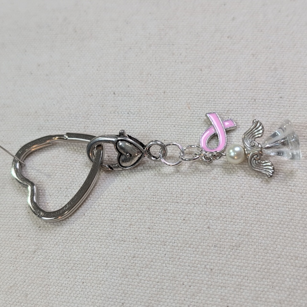 Handmade Silver Heart Keychain w/ Pink Ribbon Charm & Angel Pendant
